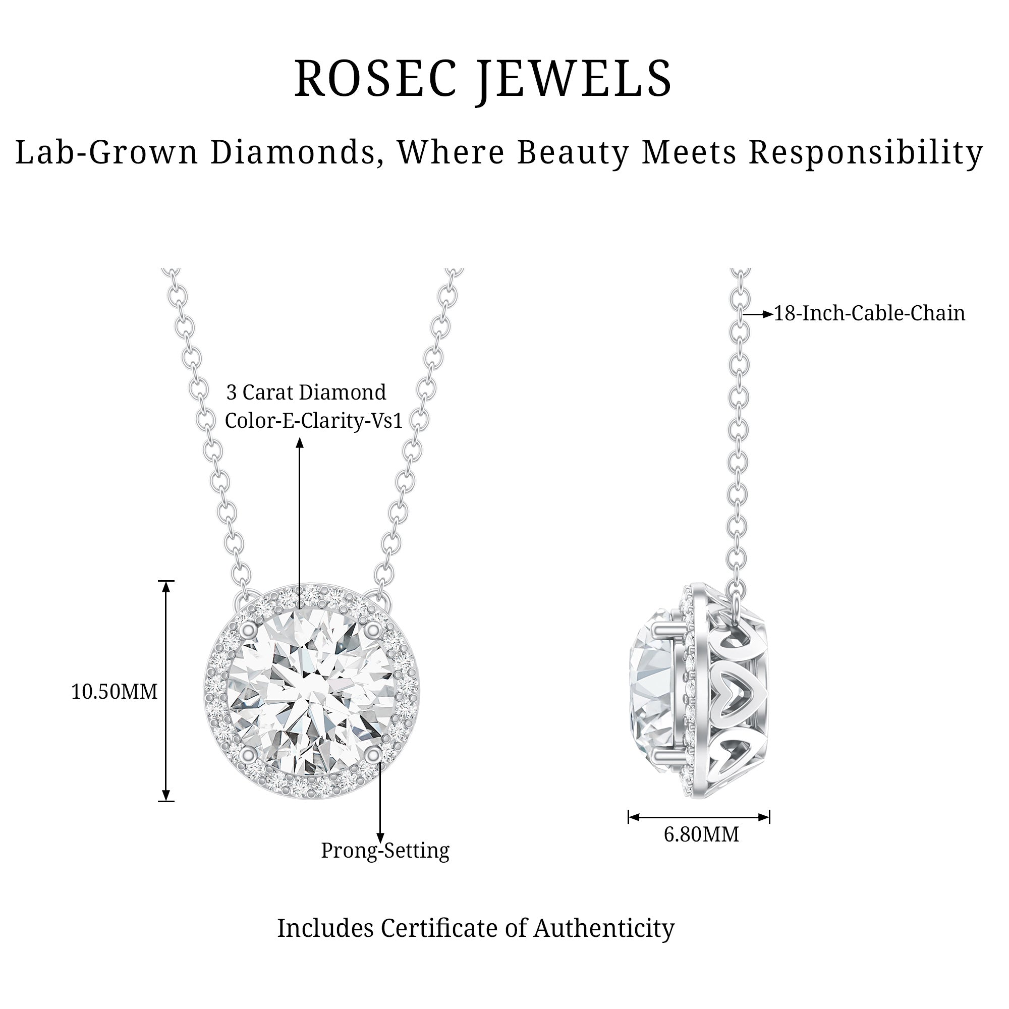 IGI Certified 3 Carat Lab Grown Diamond Necklace with Halo