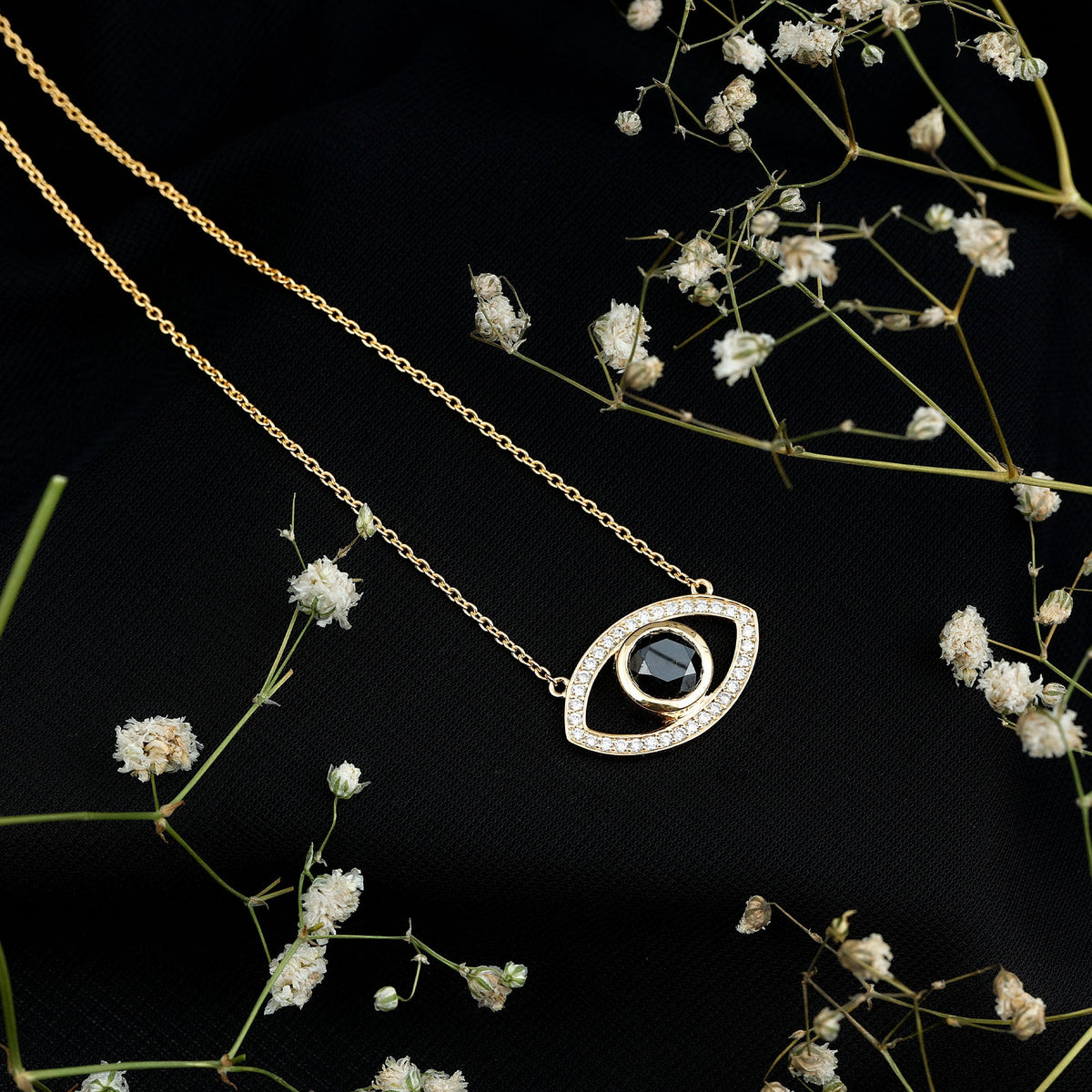 Natural 1.6 Carat Black Diamond Evil Eye Necklace in Yellow Gold Plated Silver