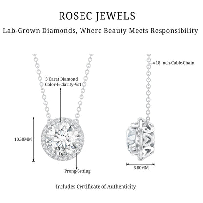 IGI Certified 3 Carat Lab Grown Diamond Necklace with Halo
