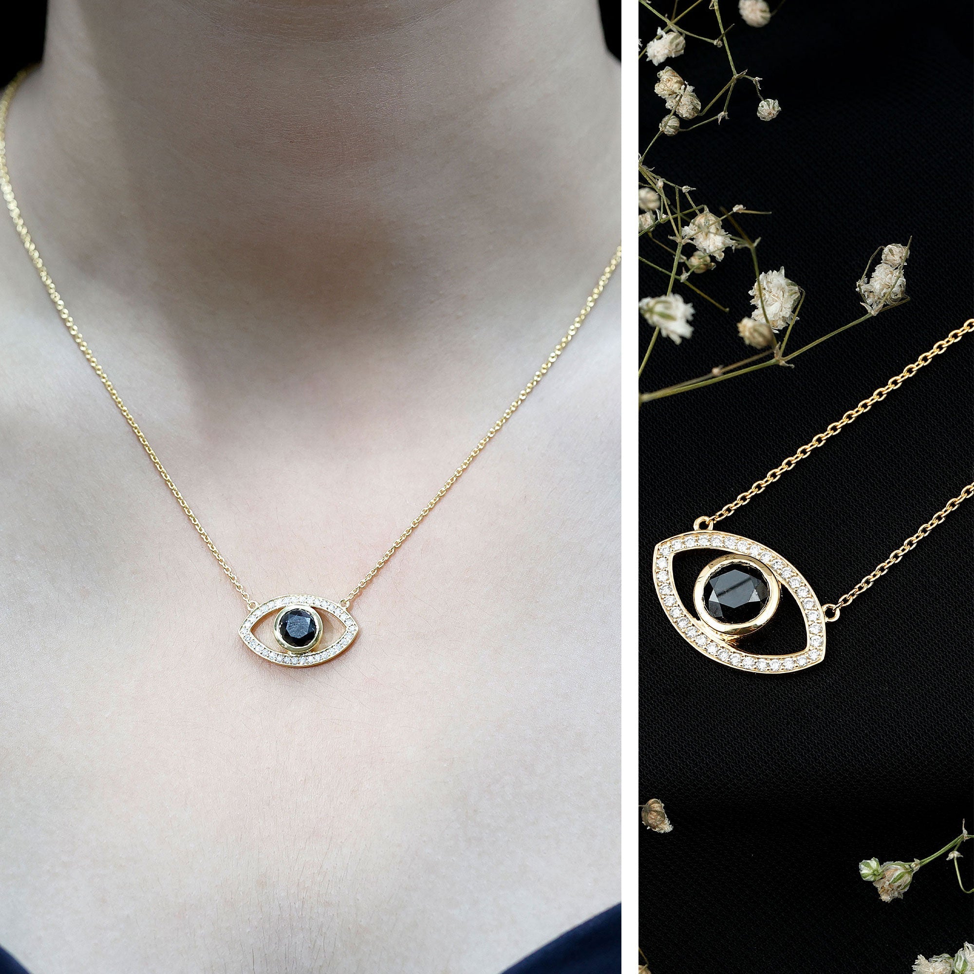 Natural 1.6 Carat Black Diamond Evil Eye Necklace in Yellow Gold Plated Silver