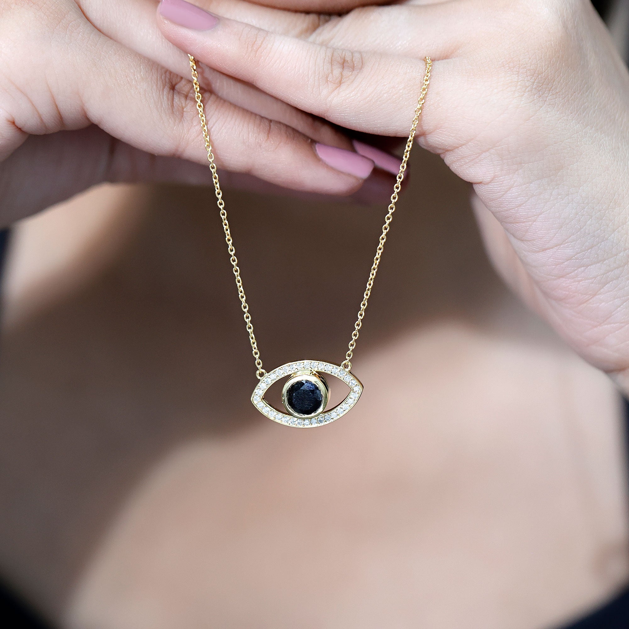 Natural 1.6 Carat Black Diamond Evil Eye Necklace in Yellow Gold Plated Silver