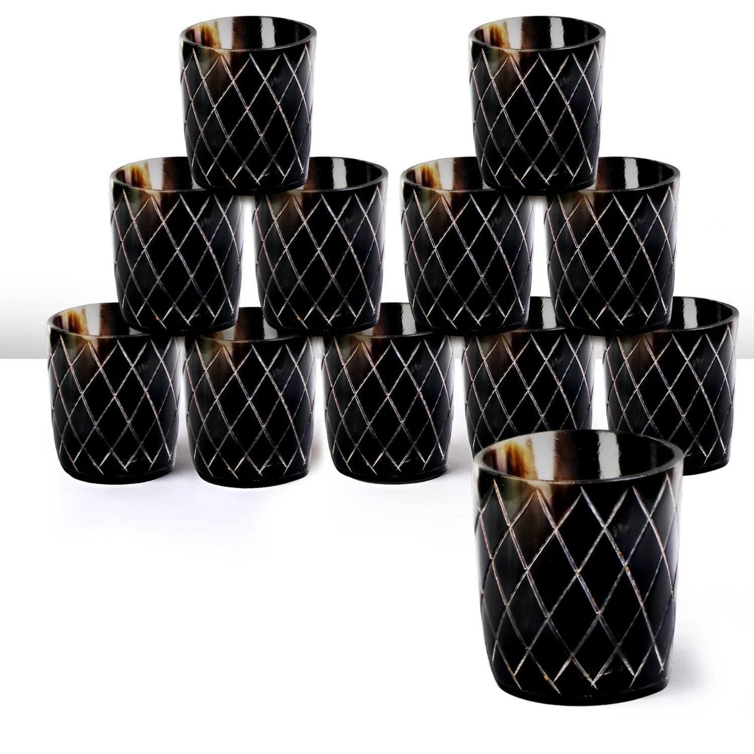 Whiskey Shot Cups Set Crisscross Pattern Real Ox Horn 6.5 oz, Pack 4, 8 &amp; 12