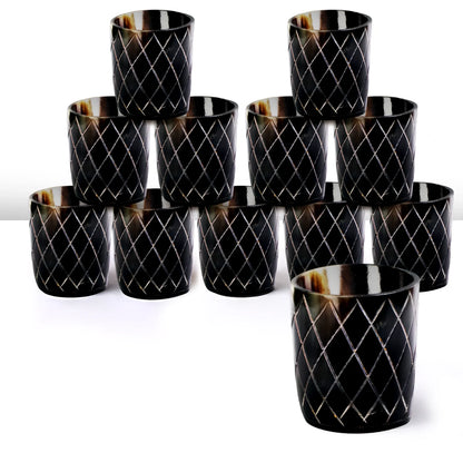 Whiskey Shot Cups Set Crisscross Pattern Real Ox Horn 6.5 oz, Pack 4, 8 &amp; 12