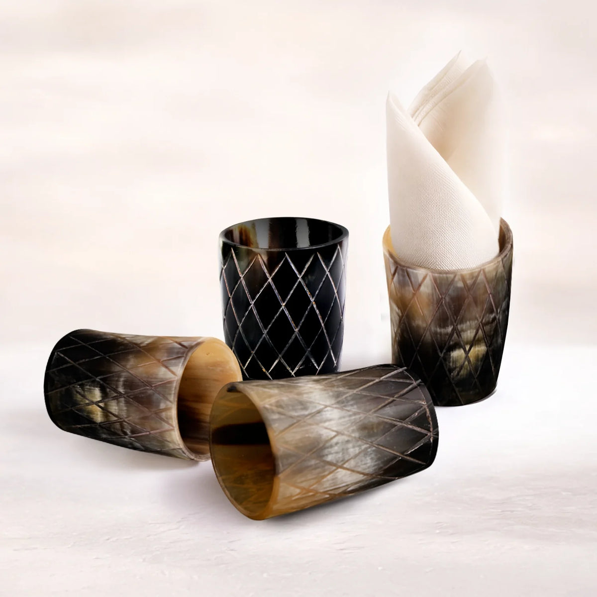 Whiskey Shot Cups Set Crisscross Pattern Real Ox Horn 6.5 oz, Pack 4, 8 &amp; 12