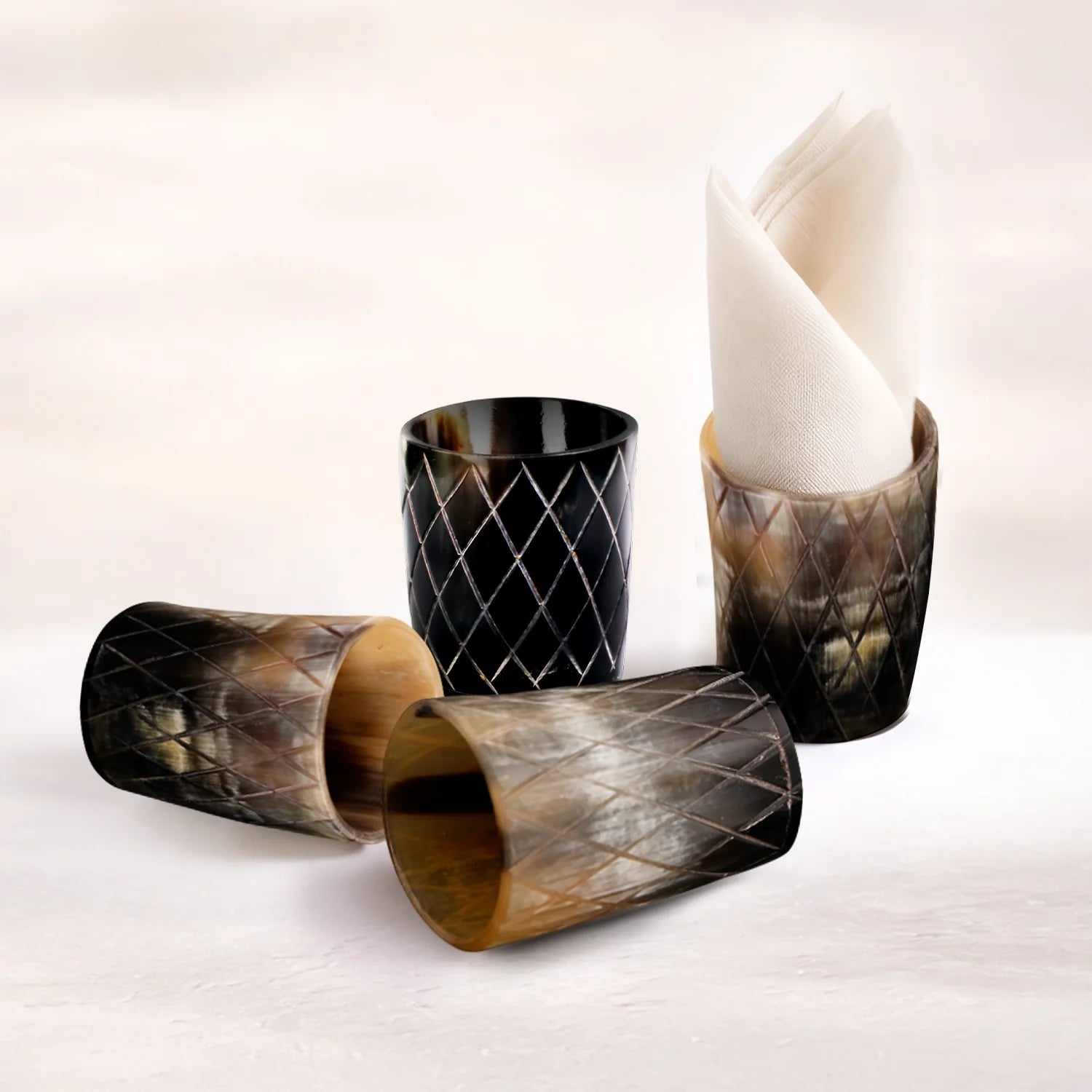 Whiskey Shot Cups Set Crisscross Pattern Real Ox Horn 6.5 oz, Pack 4, 8 &amp; 12