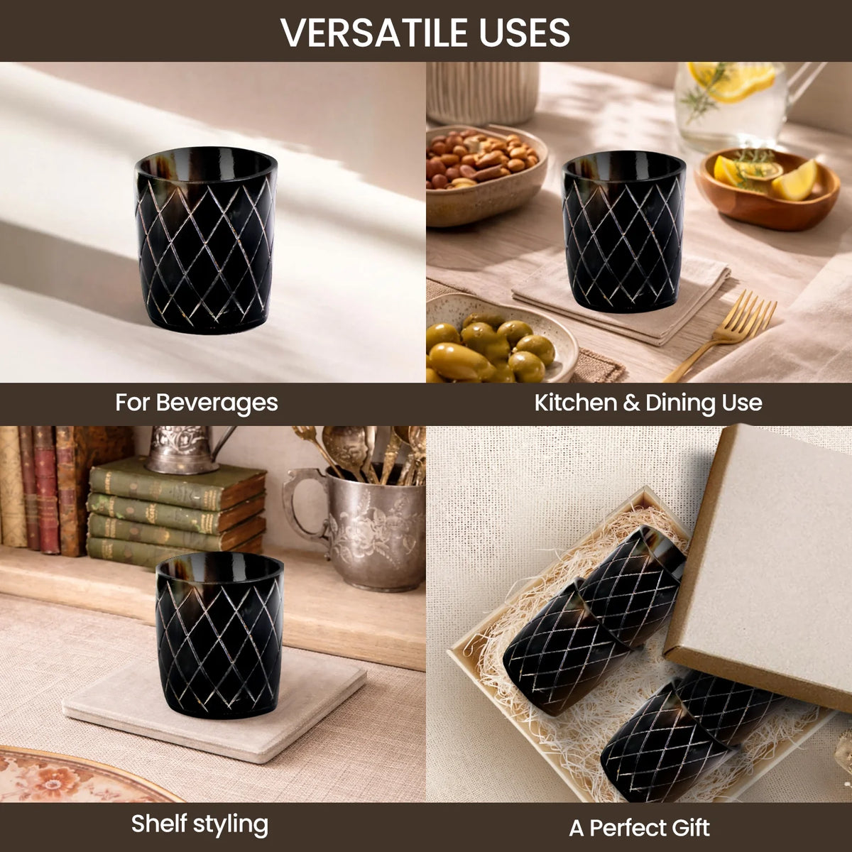 Whiskey Shot Cups Set Crisscross Pattern Real Ox Horn 6.5 oz, Pack 4, 8 &amp; 12