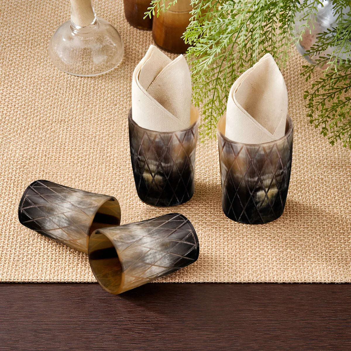 Whiskey Shot Cups Set Crisscross Pattern Real Ox Horn 6.5 oz, Pack 4, 8 &amp; 12