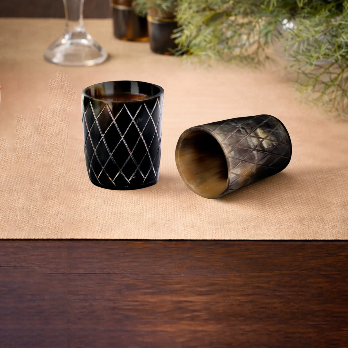 Whiskey Shot Cups Set Crisscross Pattern Real Ox Horn 6.5 oz, Pack 4, 8 &amp; 12