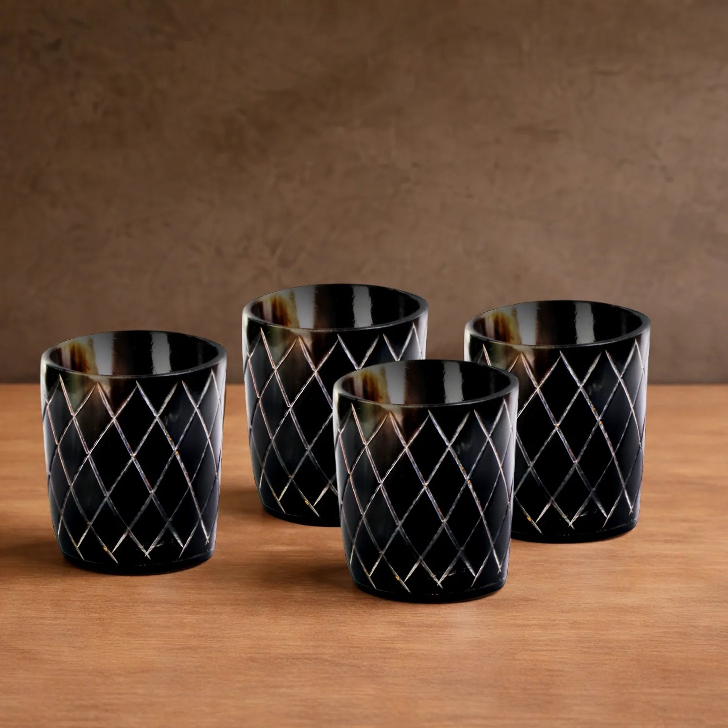 Whiskey Shot Cups Set Crisscross Pattern Real Ox Horn 6.5 oz, Pack 4, 8 &amp; 12