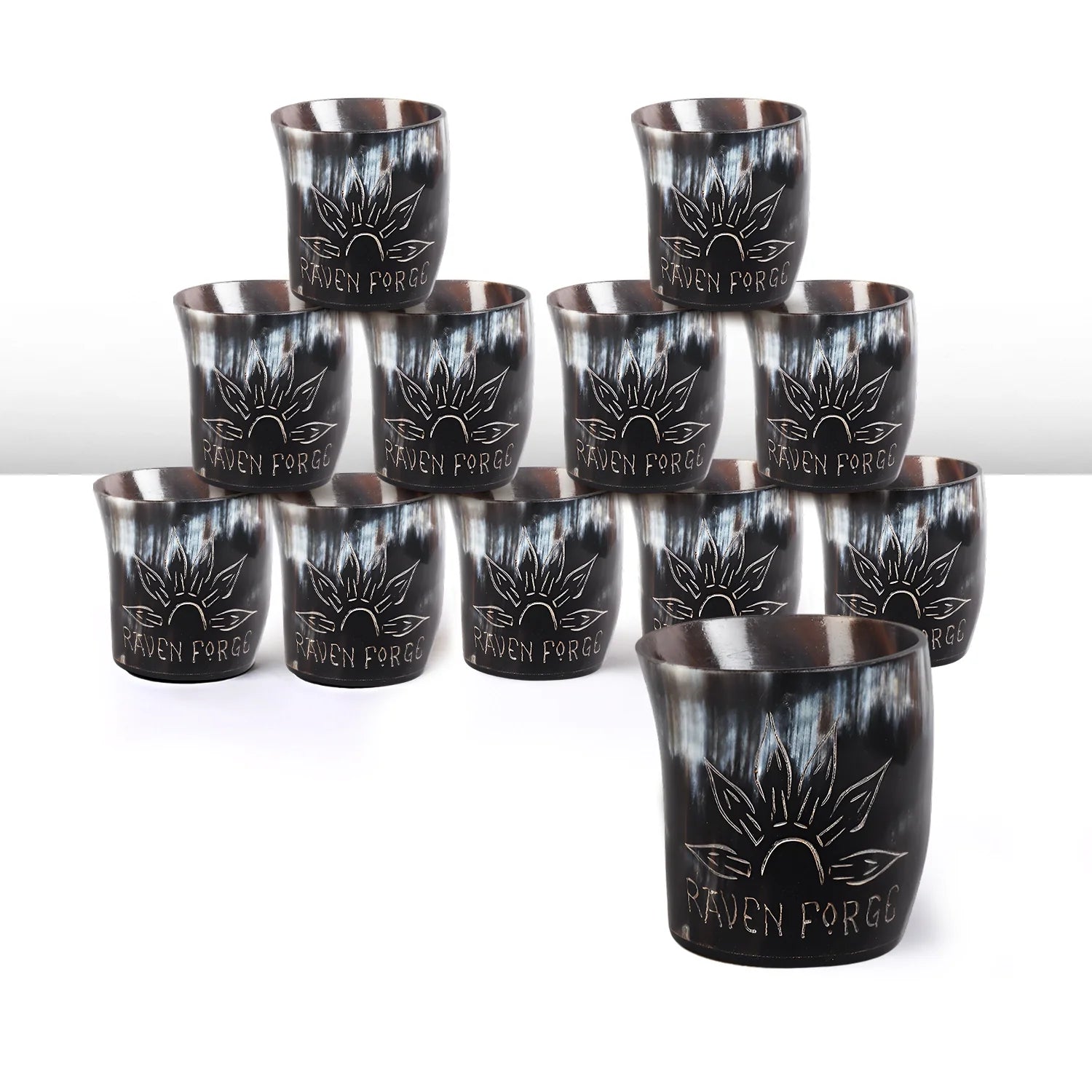 Whiskey Shot Cups Set Sunburst Pattern Real Ox Horn 6.5 oz, Pack 4, 8 &amp; 12