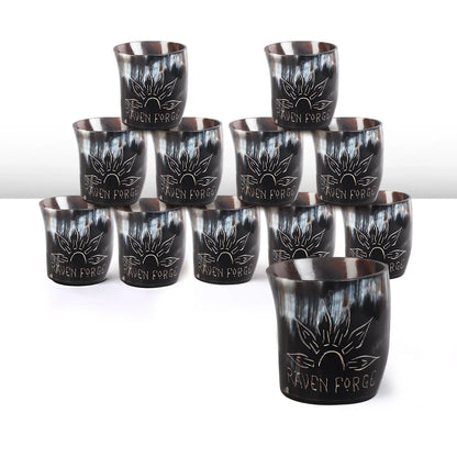 Whiskey Shot Cups Set Sunburst Pattern Real Ox Horn 6.5 oz, Pack 4, 8 &amp; 12