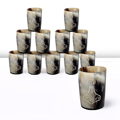 Whiskey Shot Cups Set Nordic Hammer Pattern Real Ox Horn 6.5 oz, Pack 4, 8 &amp; 12