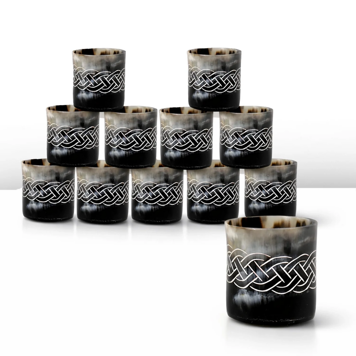 Whiskey Shot Cups Set Knot Pattern Real Ox Horn 6.5 oz, Pack 4, 8 &amp; 12