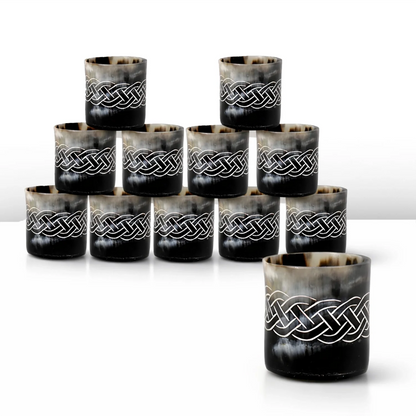 Whiskey Shot Cups Set Knot Pattern Real Ox Horn 6.5 oz, Pack 4, 8 &amp; 12