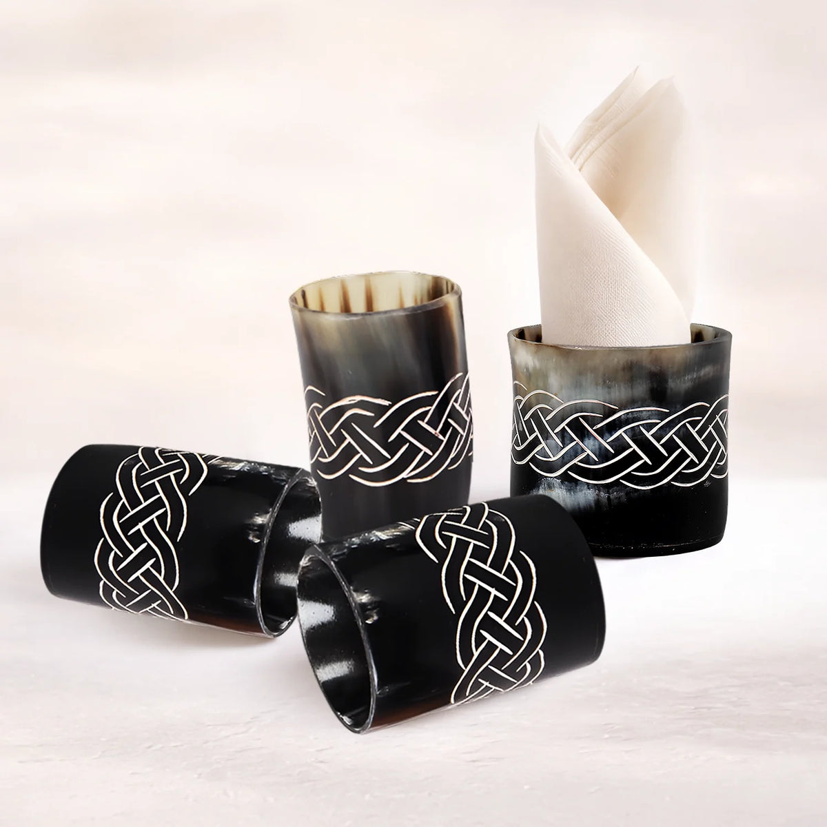 Whiskey Shot Cups Set Knot Pattern Real Ox Horn 6.5 oz, Pack 4, 8 &amp; 12