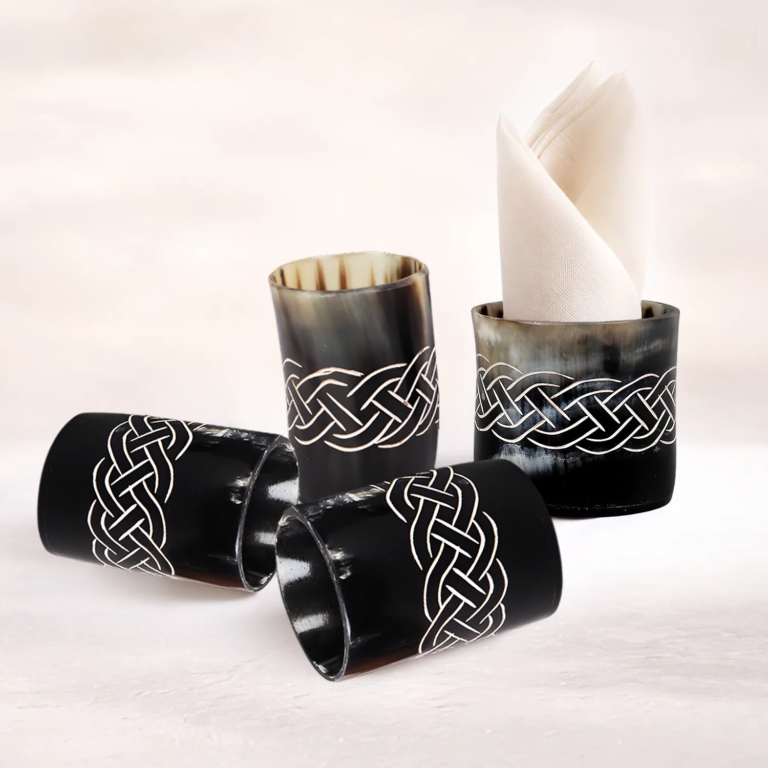 Whiskey Shot Cups Set Knot Pattern Real Ox Horn 6.5 oz, Pack 4, 8 &amp; 12