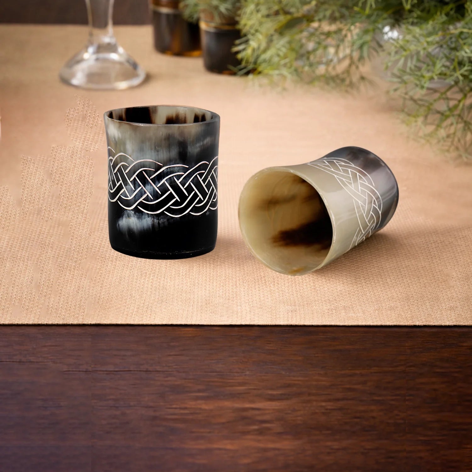Whiskey Shot Cups Set Knot Pattern Real Ox Horn 6.5 oz, Pack 4, 8 &amp; 12