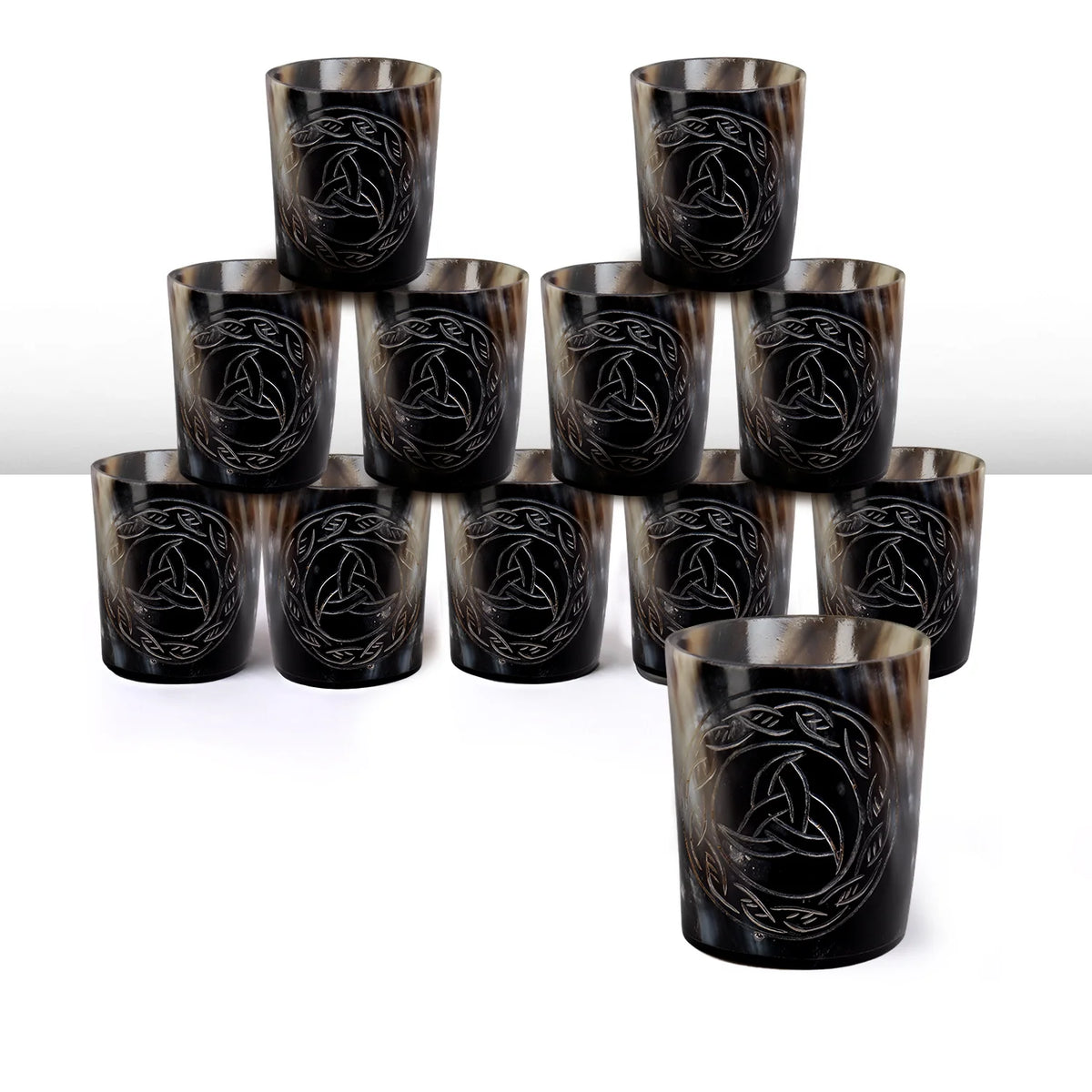 Whiskey Shot Cups Set Eternal Pattern Real Ox Horn 6.5 oz, Pack 4, 8 &amp; 12
