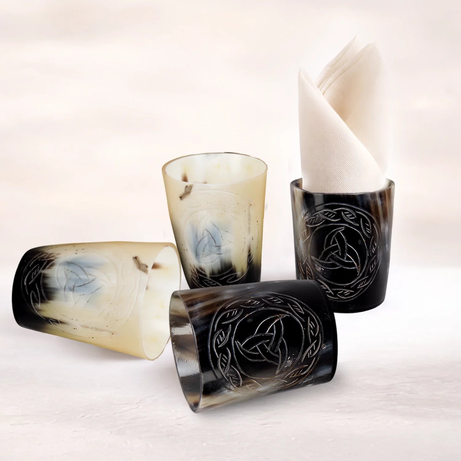 Whiskey Shot Cups Set Eternal Pattern Real Ox Horn 6.5 oz, Pack 4, 8 &amp; 12