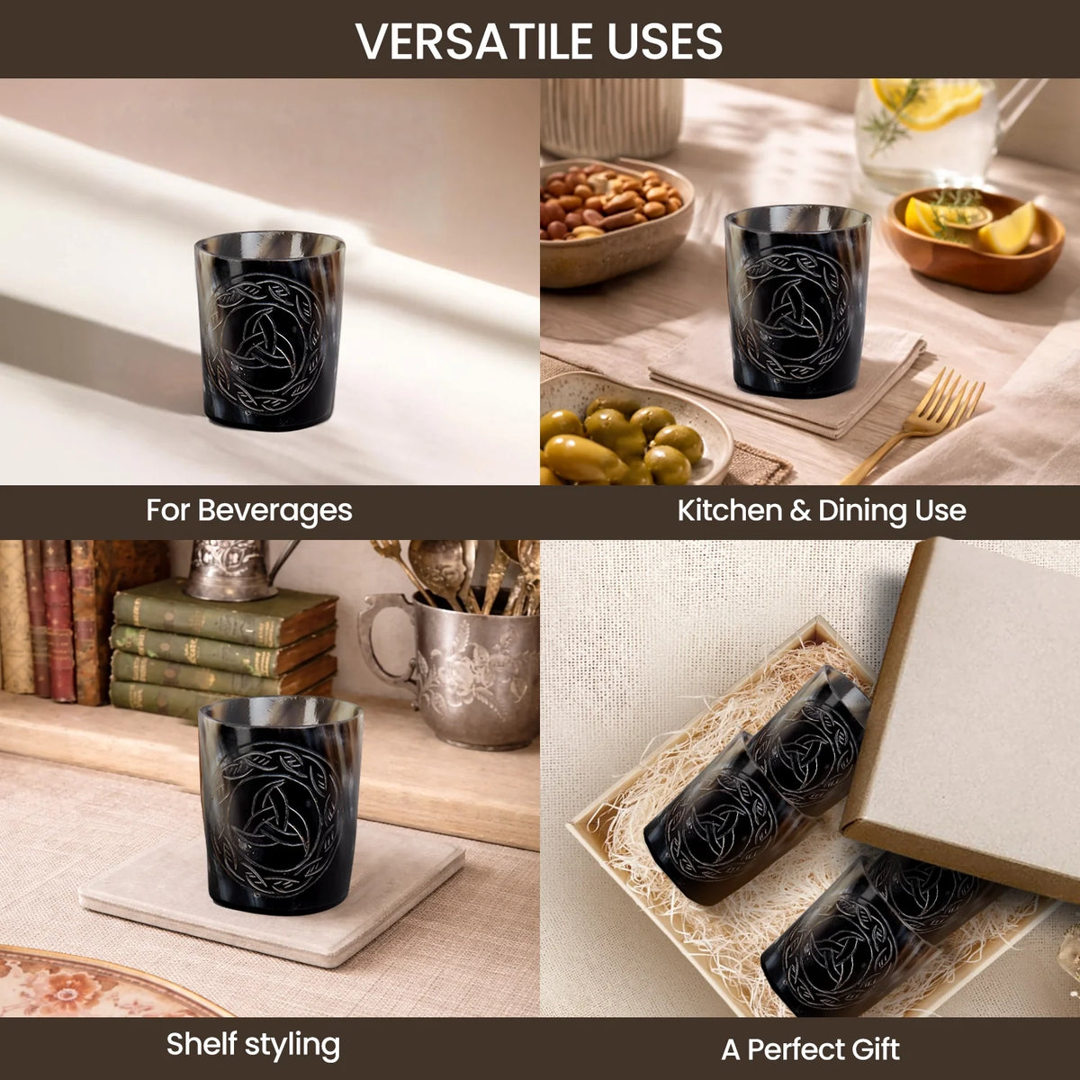 Whiskey Shot Cups Set Eternal Pattern Real Ox Horn 6.5 oz, Pack 4, 8 &amp; 12