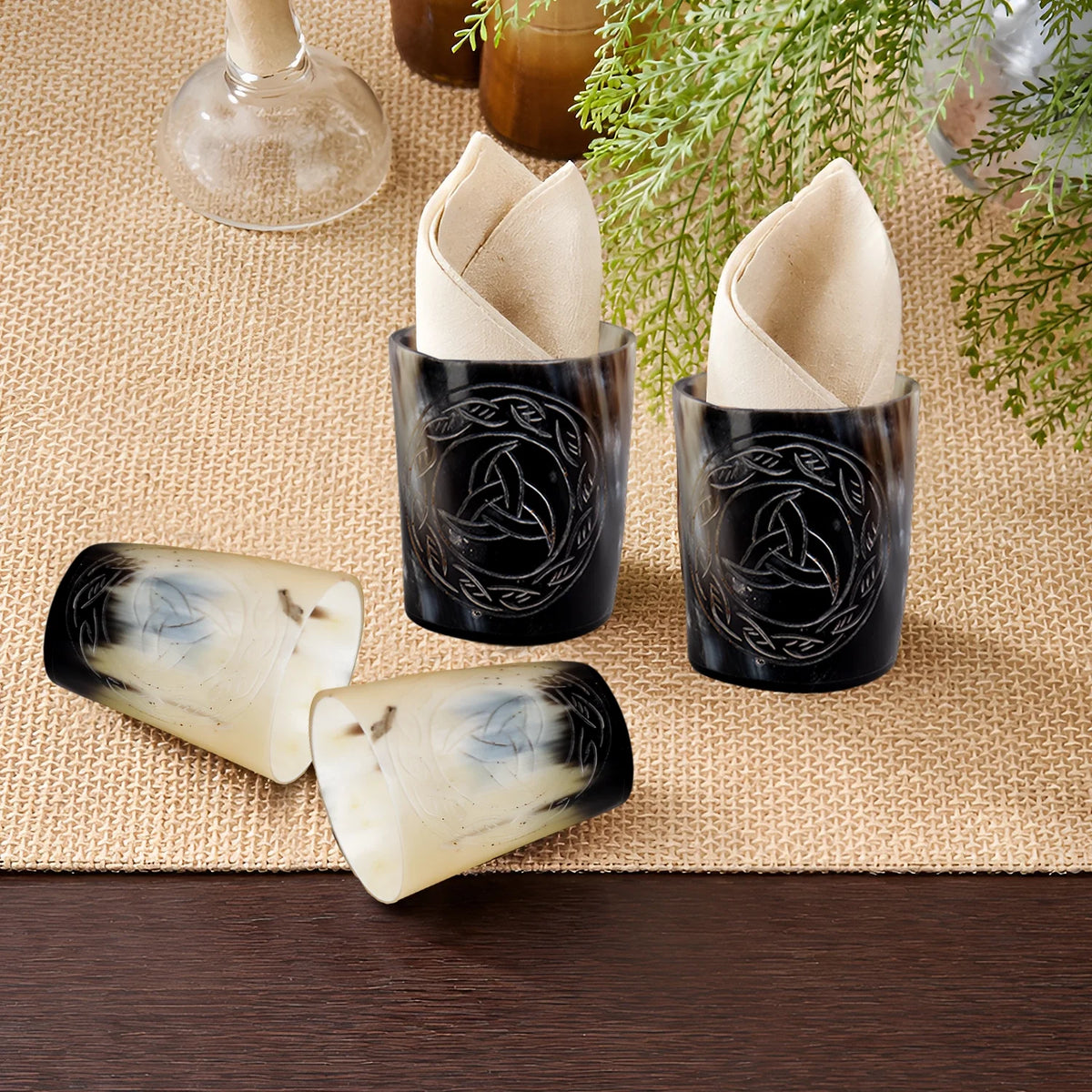 Whiskey Shot Cups Set Eternal Pattern Real Ox Horn 6.5 oz, Pack 4, 8 &amp; 12