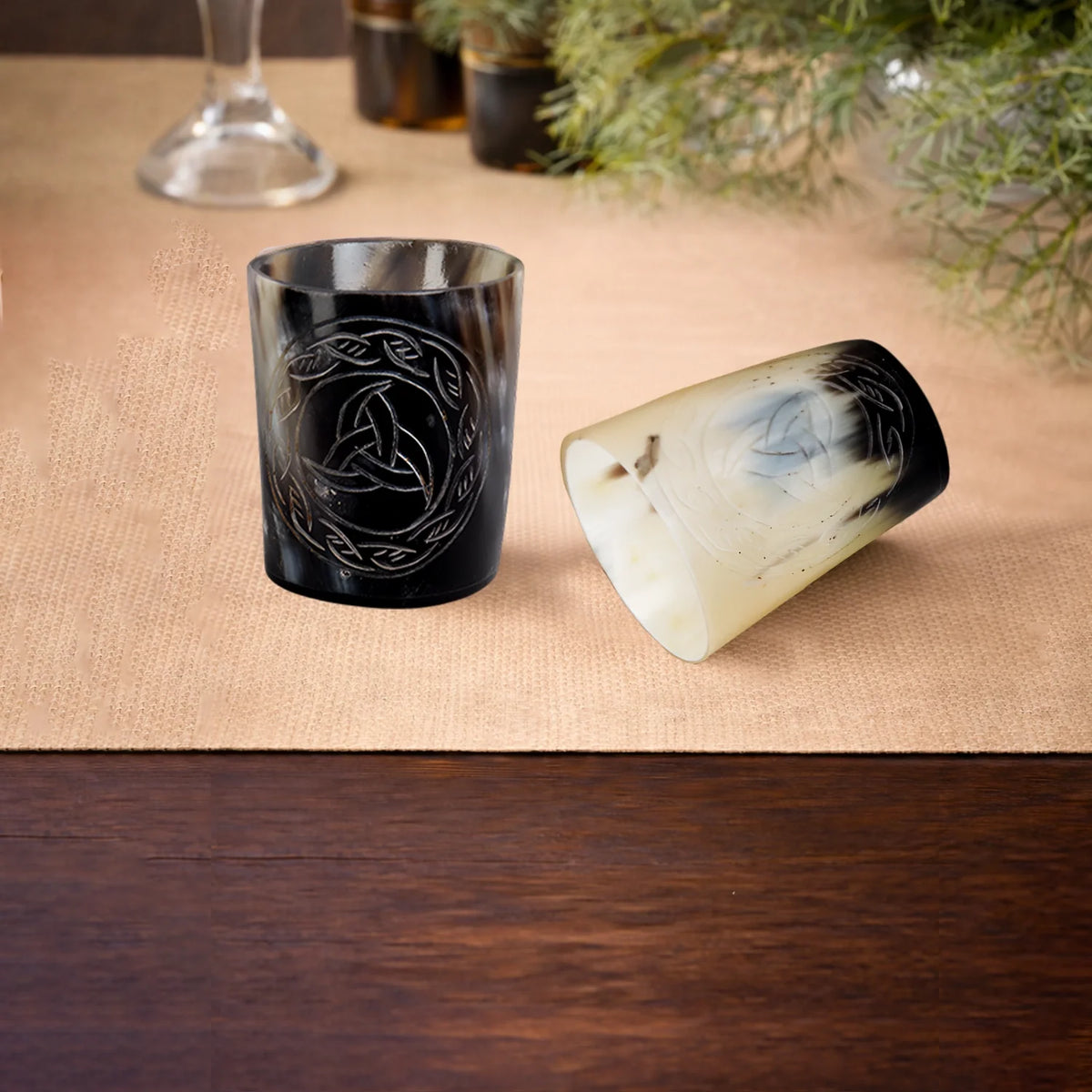 Whiskey Shot Cups Set Eternal Pattern Real Ox Horn 6.5 oz, Pack 4, 8 &amp; 12