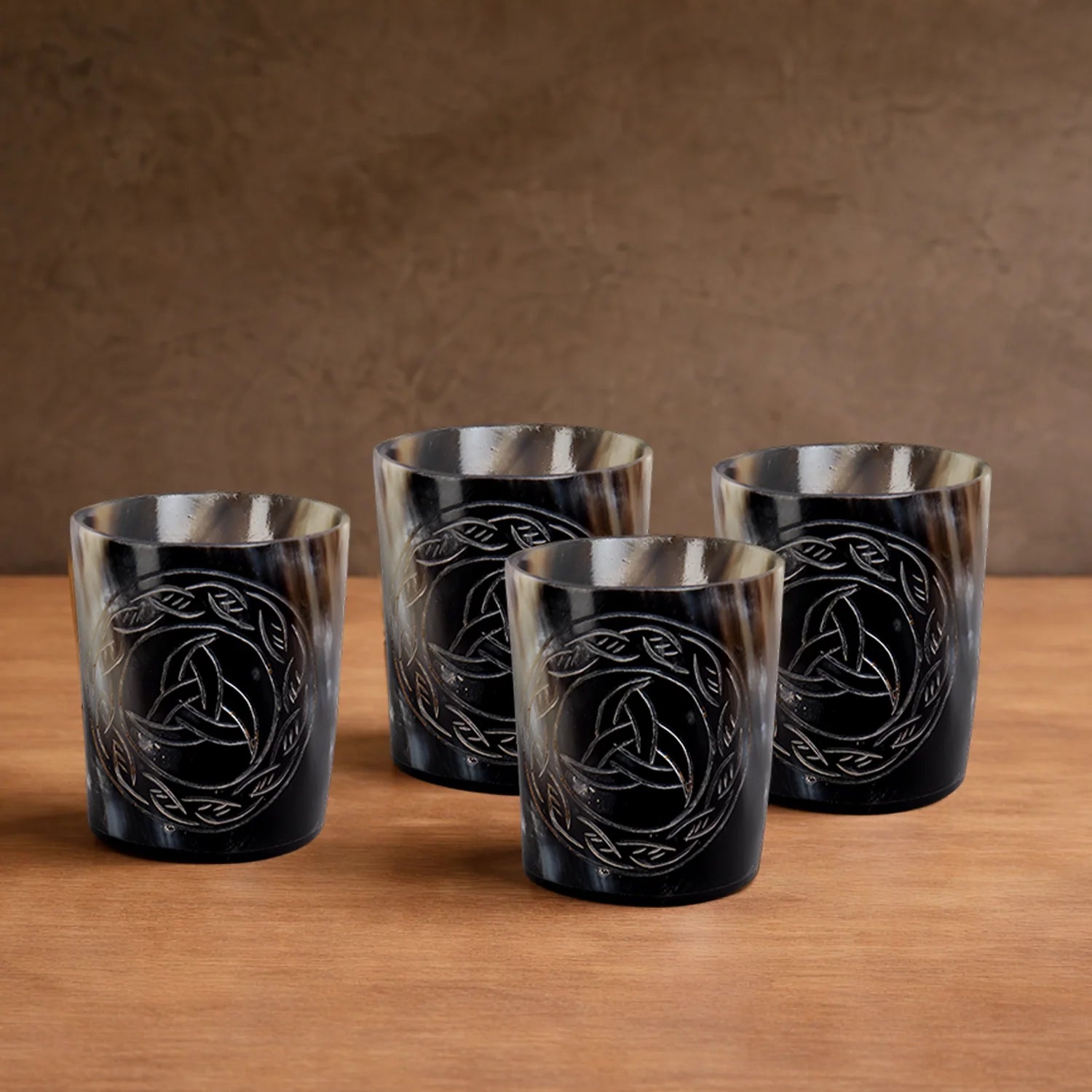 Whiskey Shot Cups Set Eternal Pattern Real Ox Horn 6.5 oz, Pack 4, 8 &amp; 12