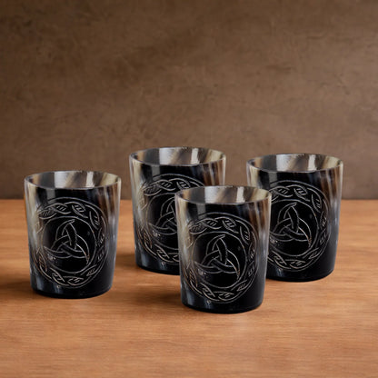 Whiskey Shot Cups Set Eternal Pattern Real Ox Horn 6.5 oz, Pack 4, 8 &amp; 12