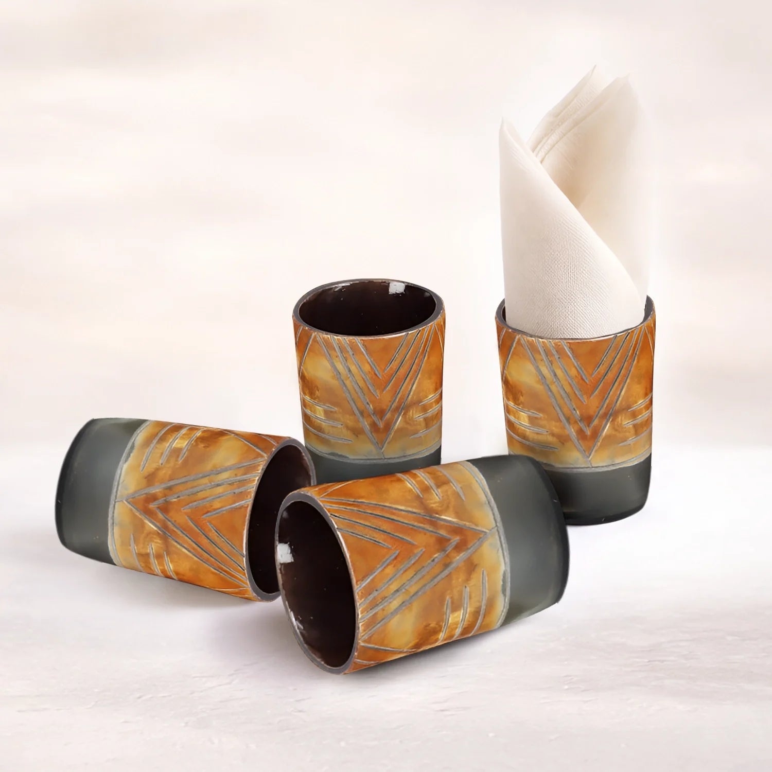 Whiskey Shot Cups Set Chevron Pattern Real Ox Horn 6.5 oz, Pack 4, 8 &amp; 12