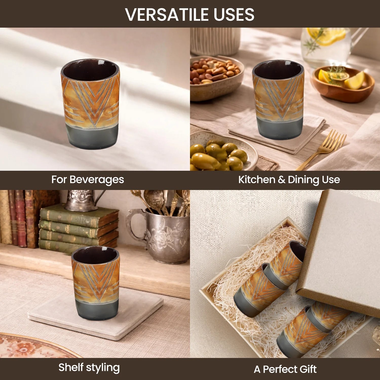 Whiskey Shot Cups Set Chevron Pattern Real Ox Horn 6.5 oz, Pack 4, 8 &amp; 12