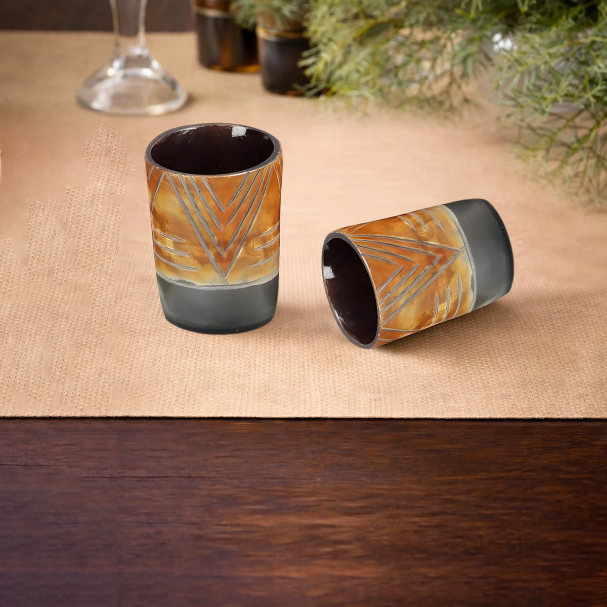 Whiskey Shot Cups Set Chevron Pattern Real Ox Horn 6.5 oz, Pack 4, 8 &amp; 12