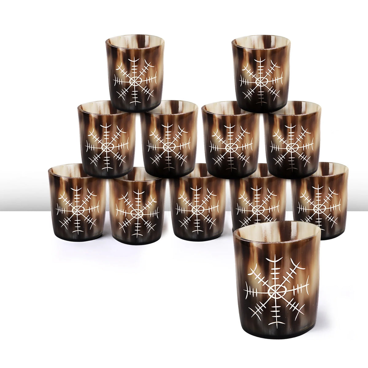 Whiskey Shot Cups Set Nordic Compass Pattern Real Ox Horn 6.5 oz, Pack 4, 8 &amp; 12