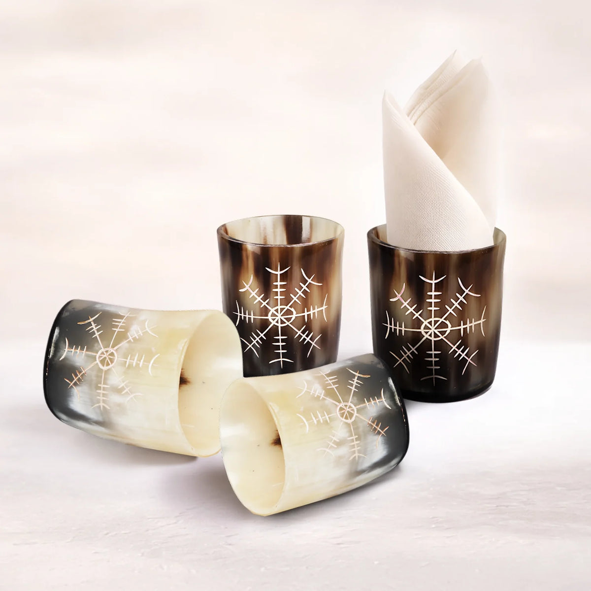 Whiskey Shot Cups Set Nordic Compass Pattern Real Ox Horn 6.5 oz, Pack 4, 8 &amp; 12