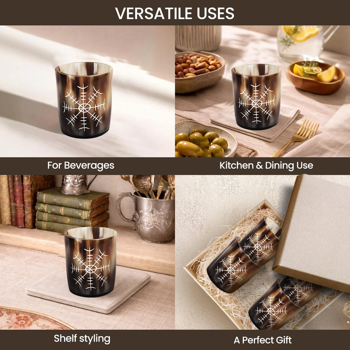 Whiskey Shot Cups Set Nordic Compass Pattern Real Ox Horn 6.5 oz, Pack 4, 8 &amp; 12
