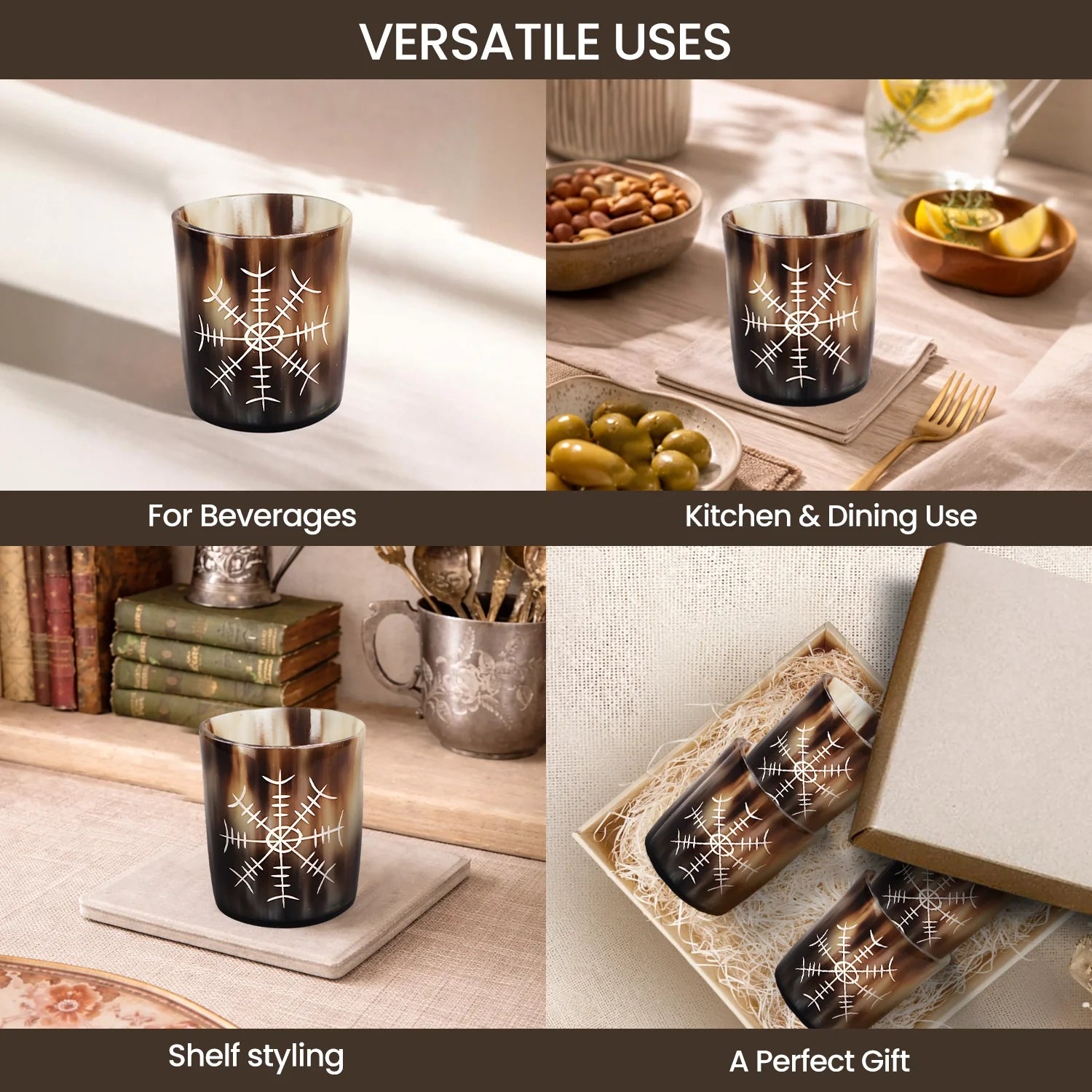 Whiskey Shot Cups Set Nordic Compass Pattern Real Ox Horn 6.5 oz, Pack 4, 8 &amp; 12