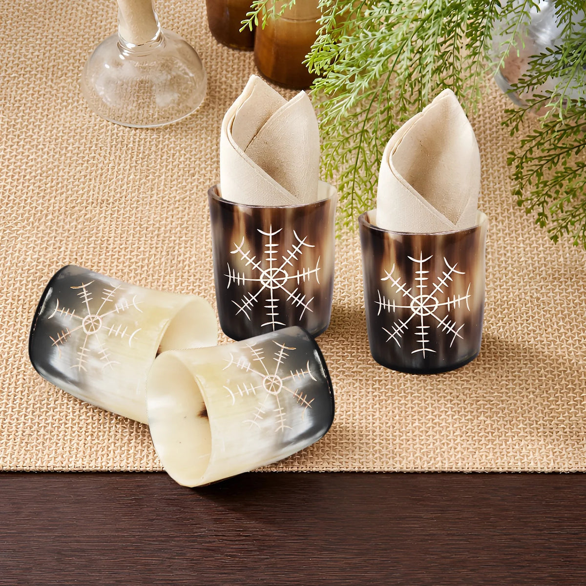 Whiskey Shot Cups Set Nordic Compass Pattern Real Ox Horn 6.5 oz, Pack 4, 8 &amp; 12