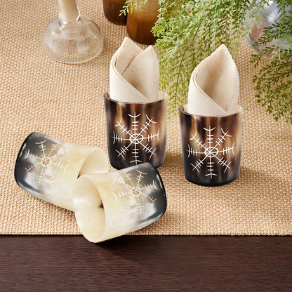 Whiskey Shot Cups Set Nordic Compass Pattern Real Ox Horn 6.5 oz, Pack 4, 8 &amp; 12