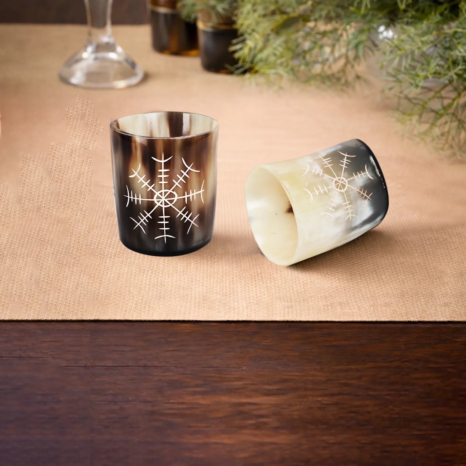 Whiskey Shot Cups Set Nordic Compass Pattern Real Ox Horn 6.5 oz, Pack 4, 8 &amp; 12