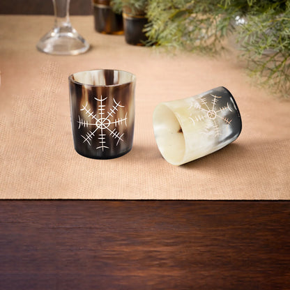 Whiskey Shot Cups Set Nordic Compass Pattern Real Ox Horn 6.5 oz, Pack 4, 8 &amp; 12
