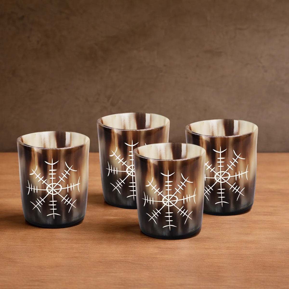 Whiskey Shot Cups Set Nordic Compass Pattern Real Ox Horn 6.5 oz, Pack 4, 8 &amp; 12