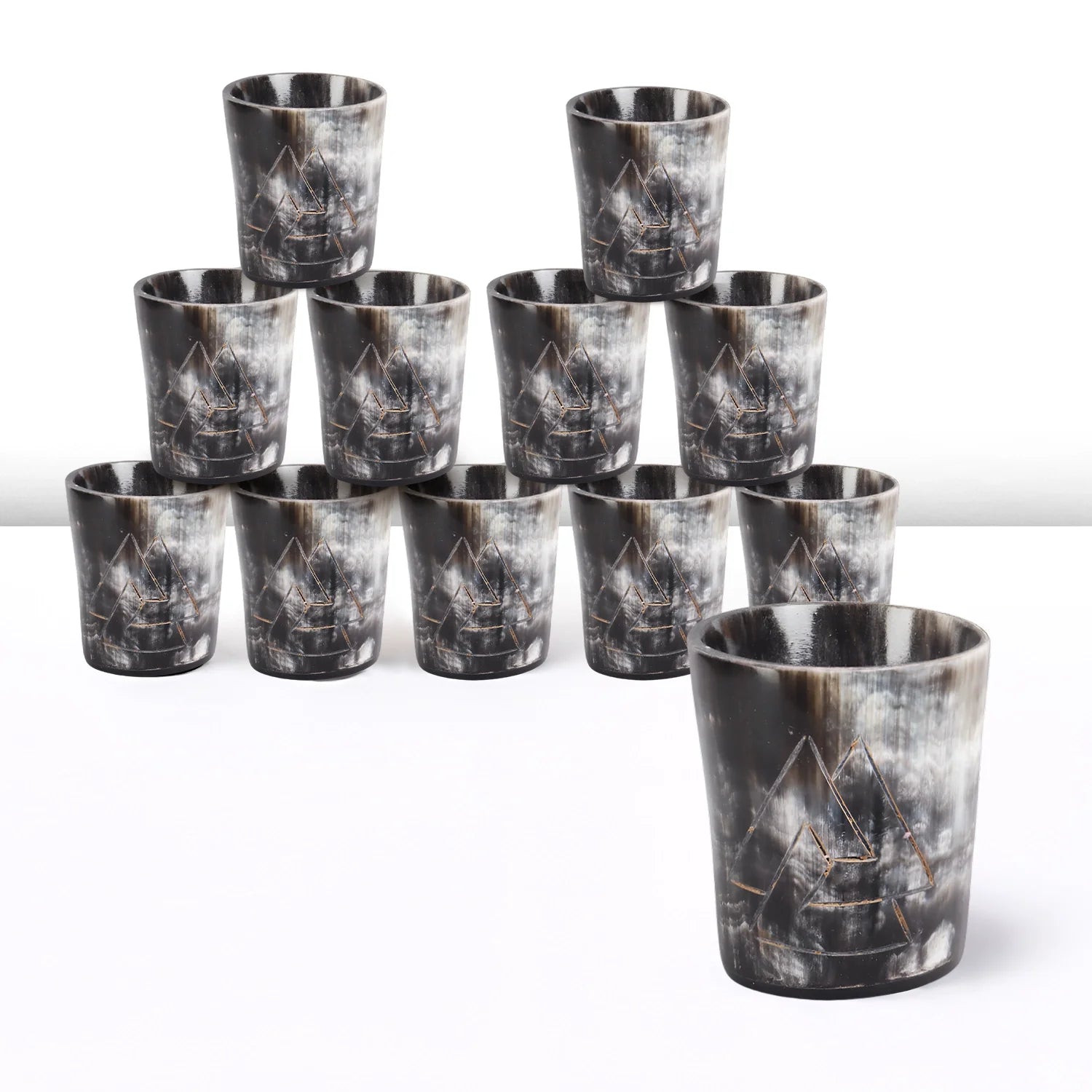 Whiskey Shot Cups Set Odin Pattern Real Ox Horn 6.5 oz, Pack 4, 8 &amp; 12