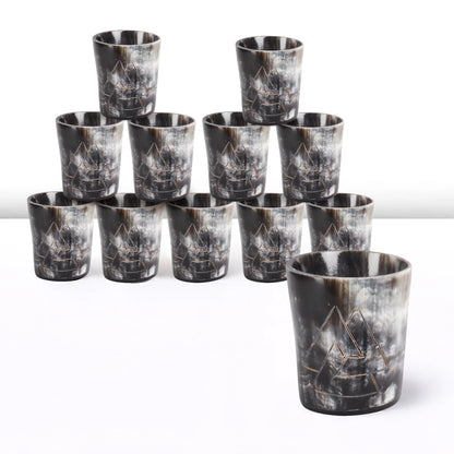 Whiskey Shot Cups Set Odin Pattern Real Ox Horn 6.5 oz, Pack 4, 8 &amp; 12