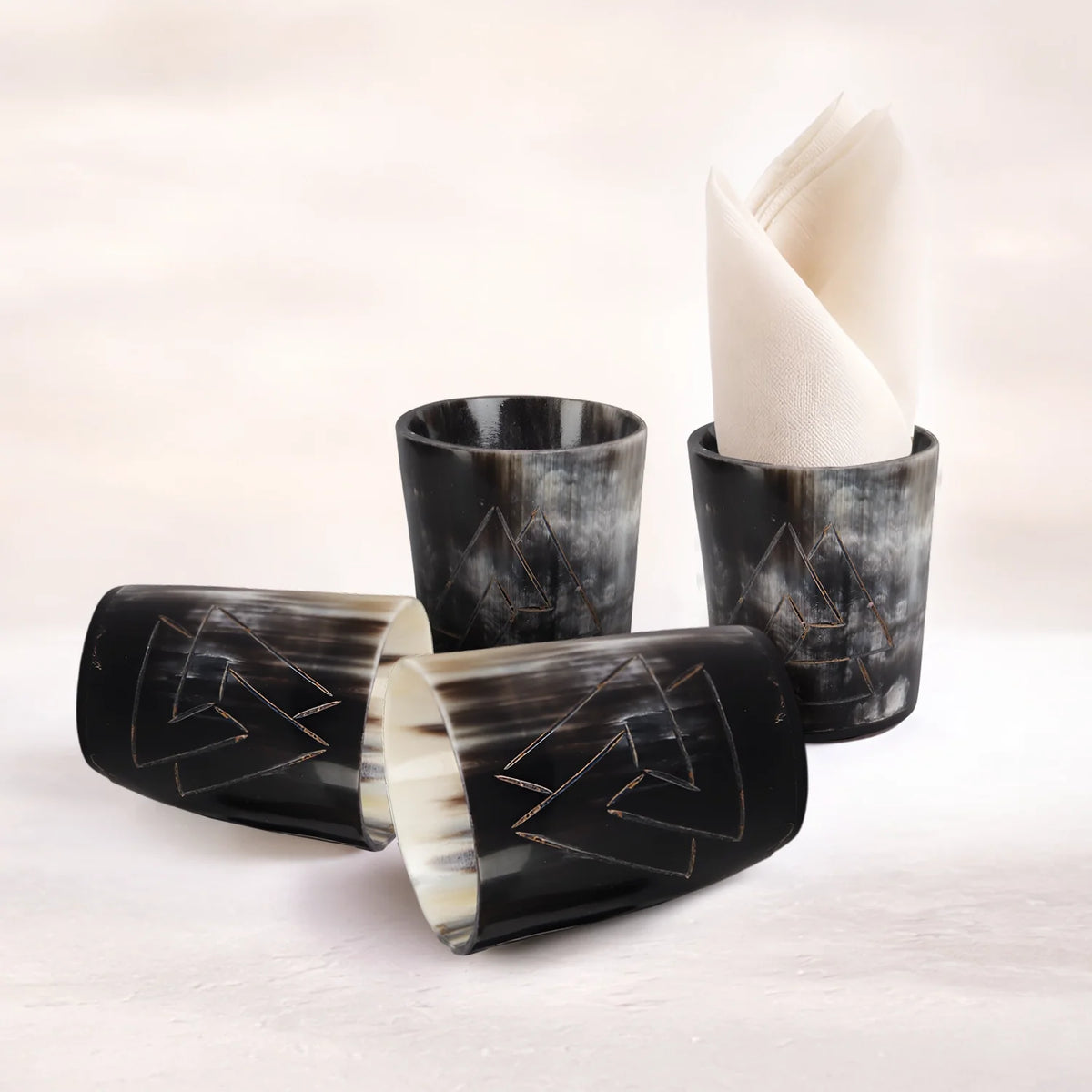Whiskey Shot Cups Set Odin Pattern Real Ox Horn 6.5 oz, Pack 4, 8 &amp; 12