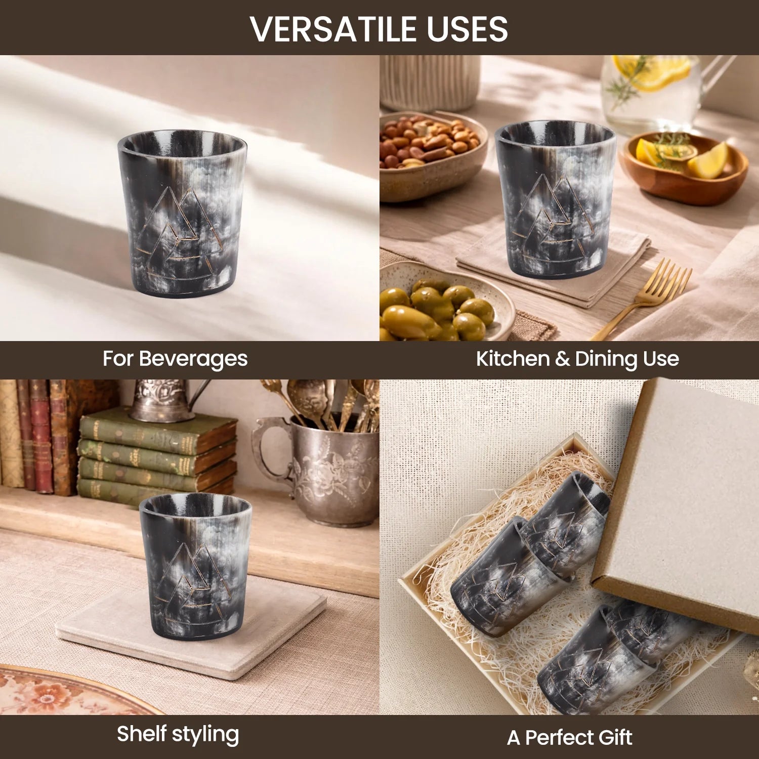 Whiskey Shot Cups Set Odin Pattern Real Ox Horn 6.5 oz, Pack 4, 8 &amp; 12