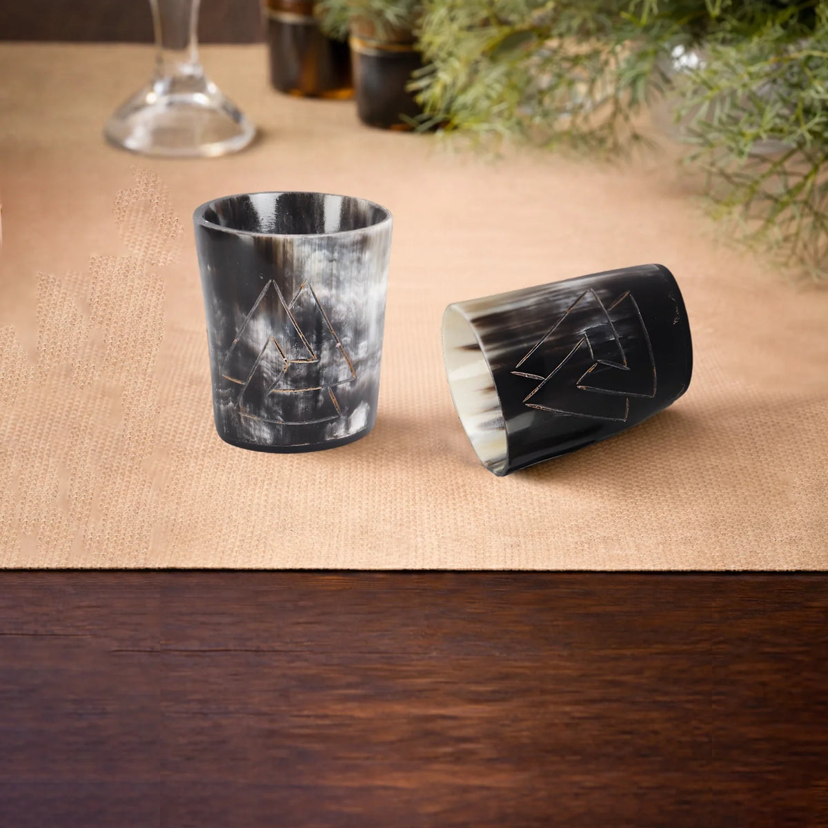 Whiskey Shot Cups Set Odin Pattern Real Ox Horn 6.5 oz, Pack 4, 8 &amp; 12