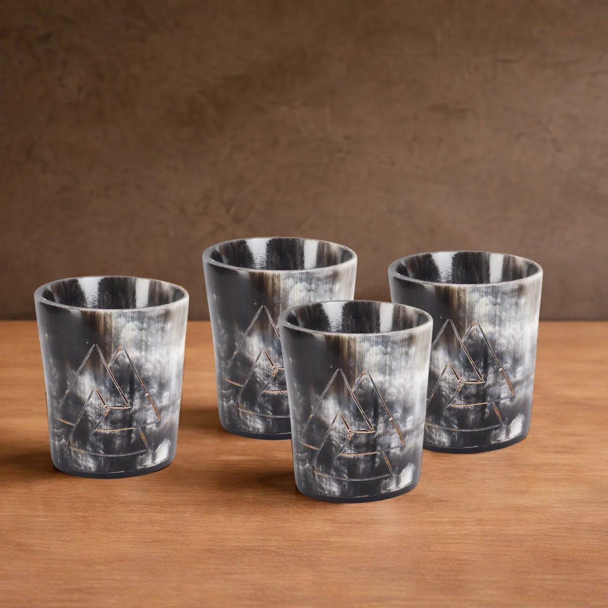 Whiskey Shot Cups Set Odin Pattern Real Ox Horn 6.5 oz, Pack 4, 8 &amp; 12