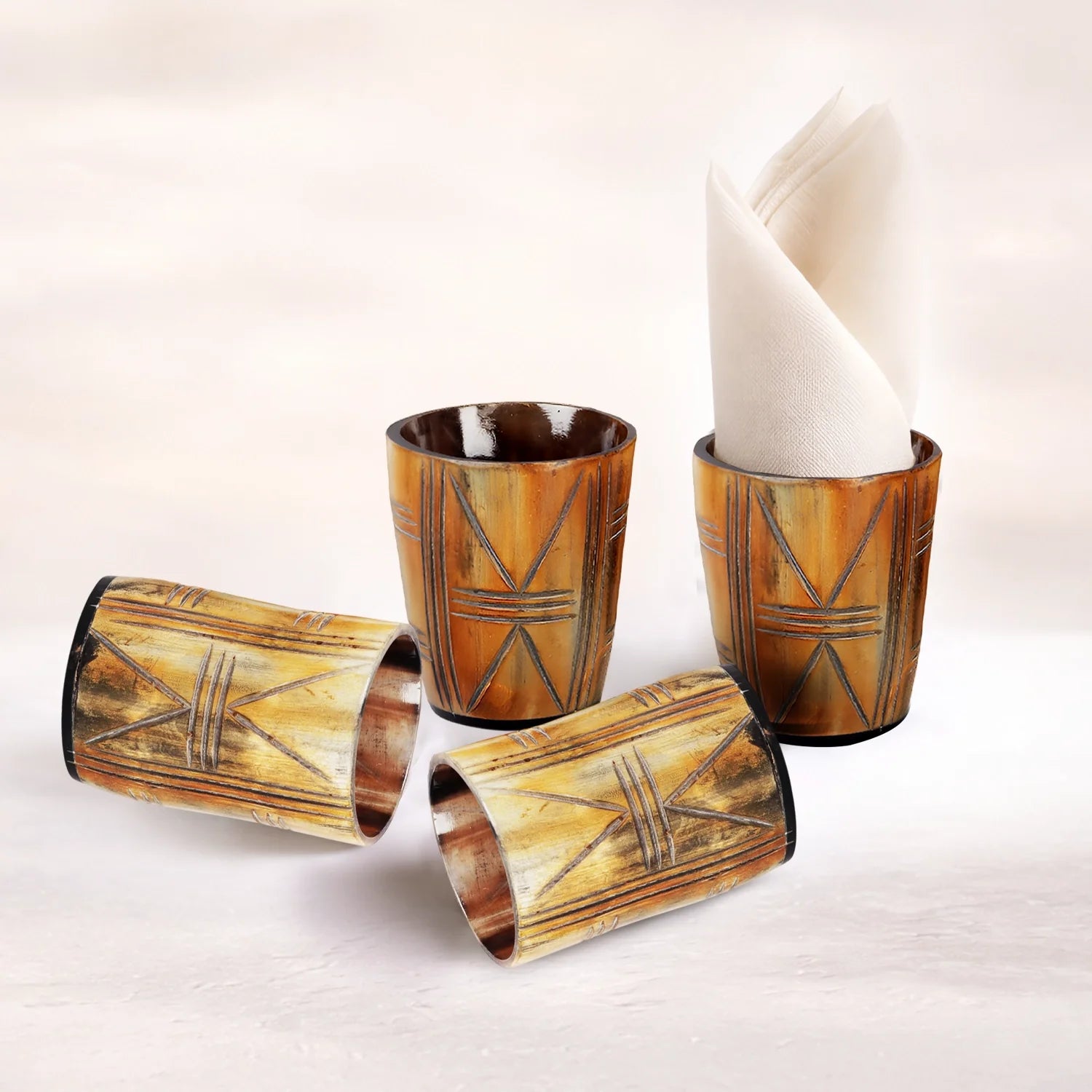 Whiskey Shot Cups Set Crossroad Pattern Real Ox Horn 6.5 oz, Pack 4, 8 &amp; 12