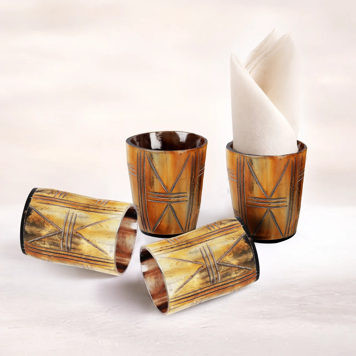 Whiskey Shot Cups Set Crossroad Pattern Real Ox Horn 6.5 oz, Pack 4, 8 &amp; 12