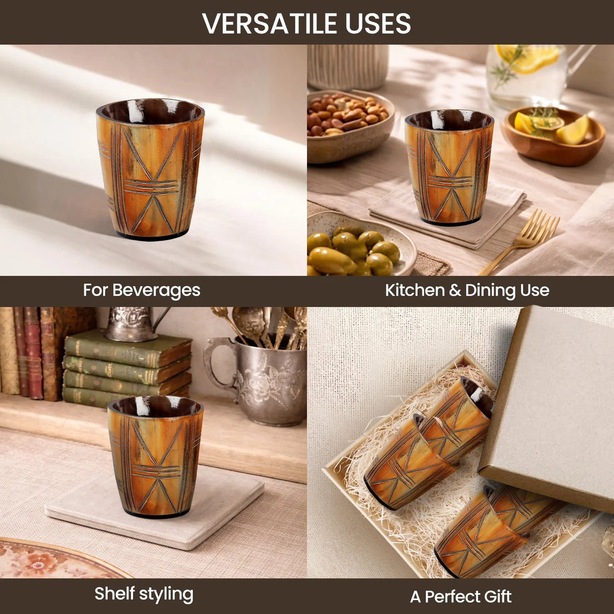 Whiskey Shot Cups Set Crossroad Pattern Real Ox Horn 6.5 oz, Pack 4, 8 &amp; 12