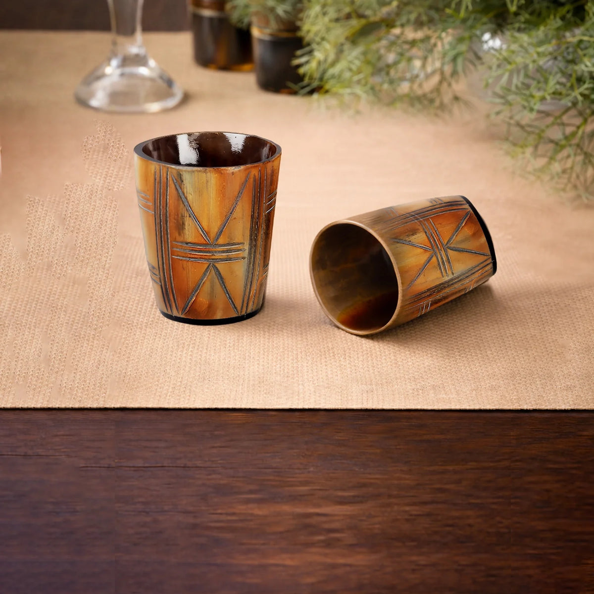 Whiskey Shot Cups Set Crossroad Pattern Real Ox Horn 6.5 oz, Pack 4, 8 &amp; 12